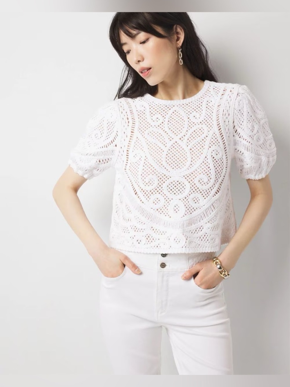 White House Black Market Puff Sleeve Crochet Sweater White Size Small